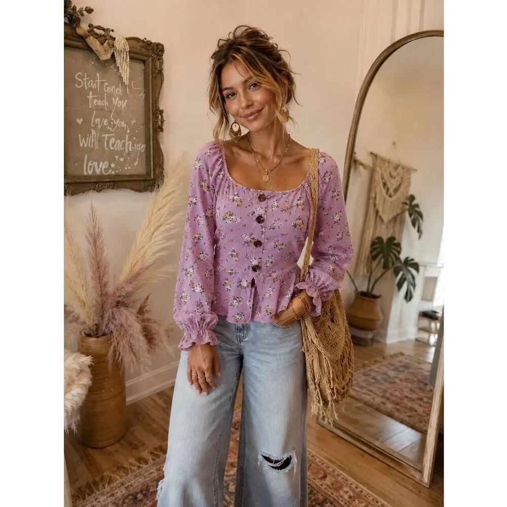 Boho Chic Mauve Floral Square-Neck Button Blouse - Women